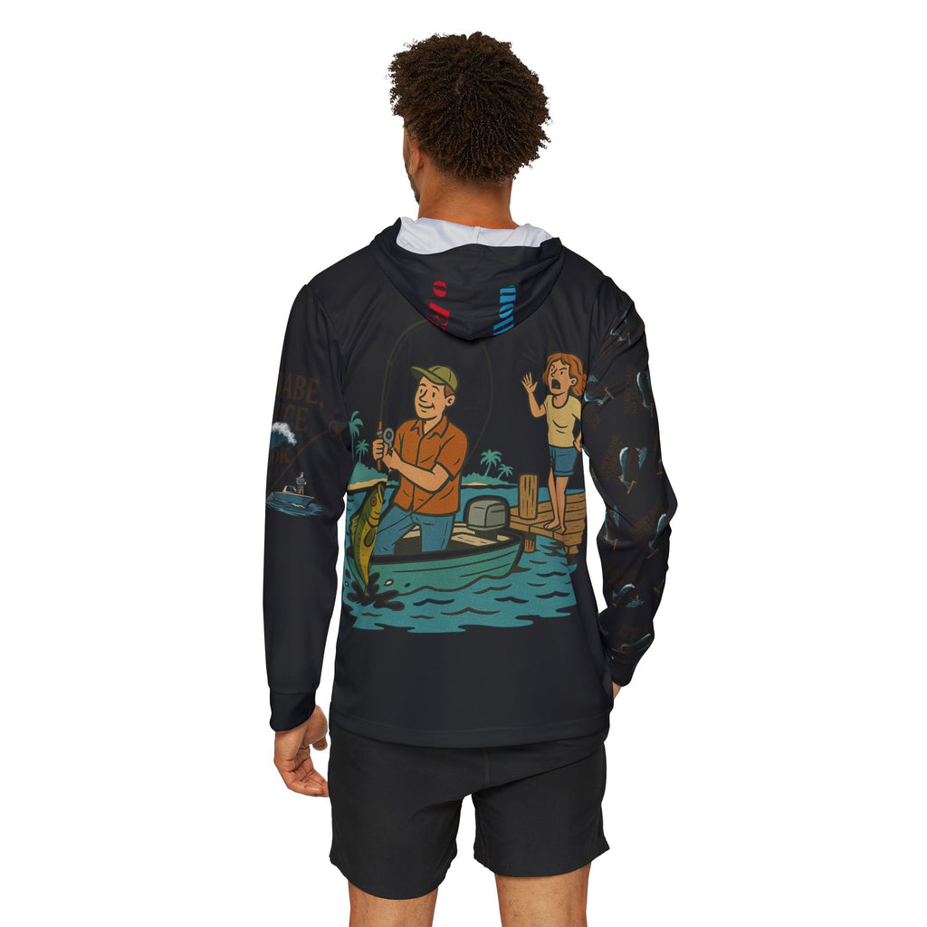 The “Sorry Babe, No Service”  UV Long Sleeve Hoodie w/ Stay Home or Go Fishing on the hood