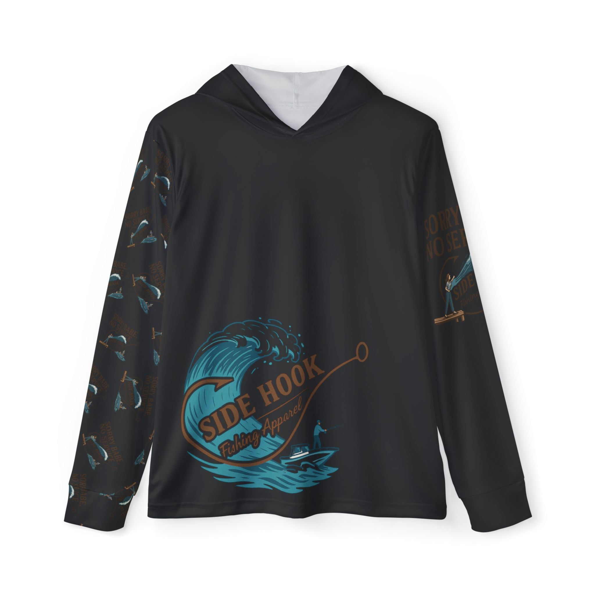 The “Sorry Babe, No Service”  UV Long Sleeve Hoodie w/ Stay Home or Go Fishing on the hood